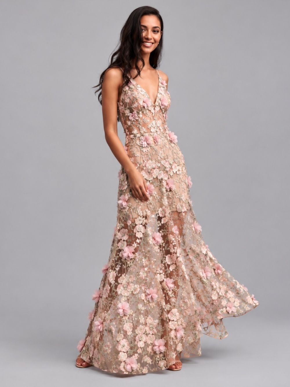 NWT Dress the Population Sidney Floral Embroidered Appliqué Maxi Gown S